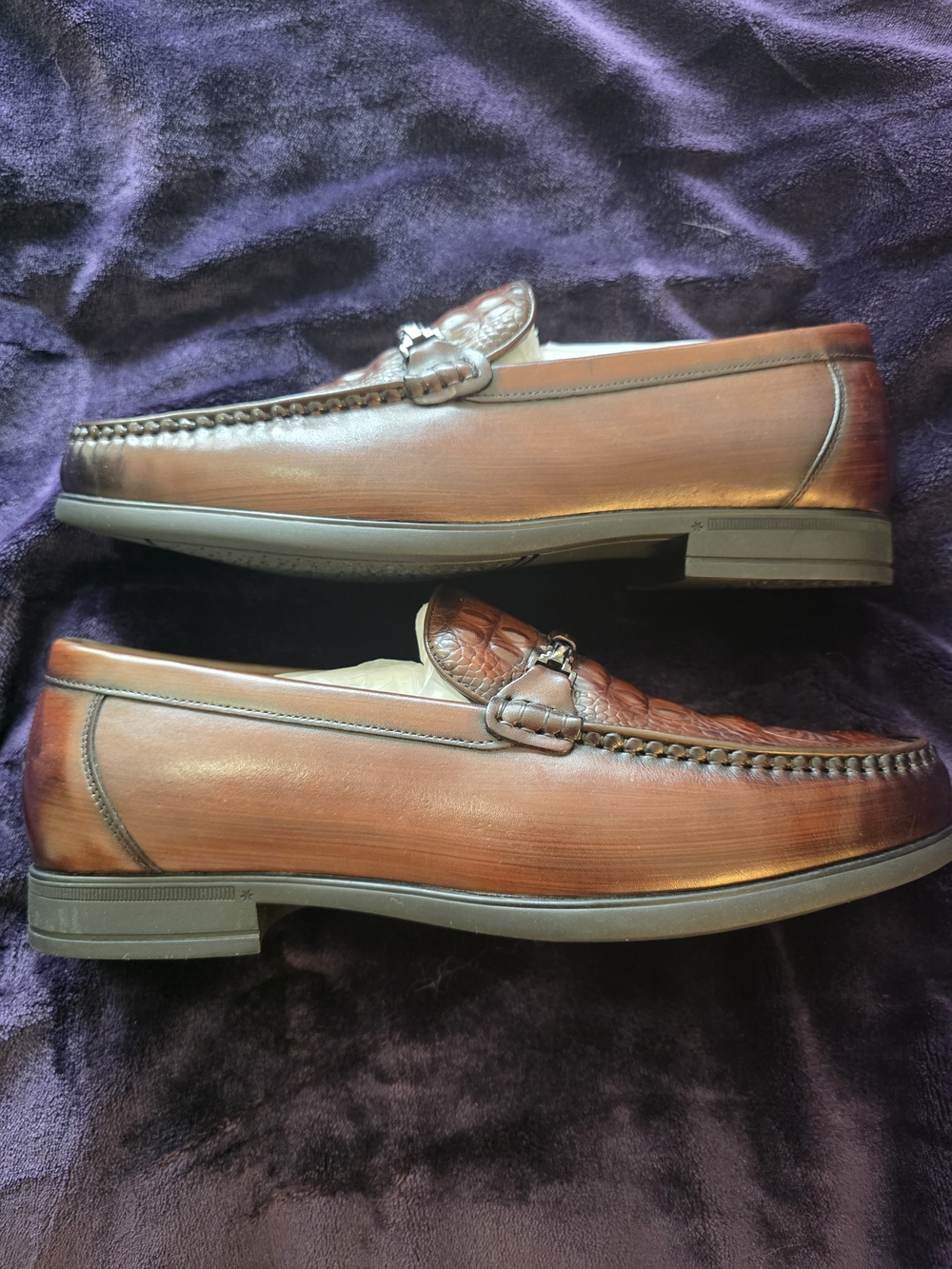 Men's Cognac Croc-Embossed Leather Bit Loafers Size 11 - Picture 2 of 3